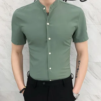 Летняя Красивая однотонная рубашка в корейском стиле с воротником-стойкой, приталенная мужская повседневная рубашка с коротким рукавом