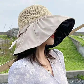 Ohmmayby 2023 Новая Соломенная Шляпа Летняя С Защитой от Ультрафиолета и Бантом Уличная Пляжная Солнцезащитная Шляпа Для Взрослых с Половинным Верхом, Летние Шляпы для Женщин