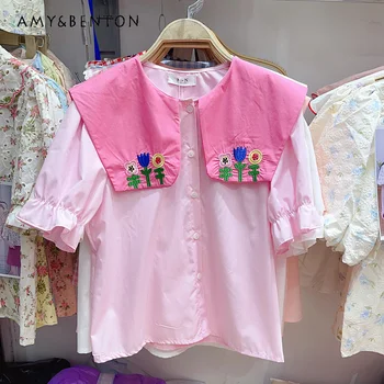 Милая молодежная рубашка с пышными рукавами в корейском стиле, лето 2023, Новый топ с вышивкой и цветами, Женская одежда