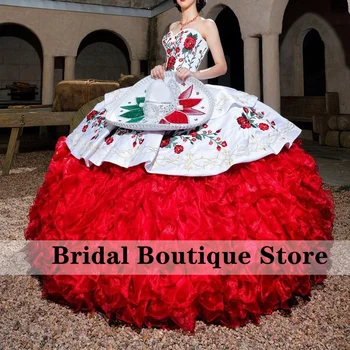 Мексиканское Бальное Платье с Вышивкой Цветами, Пышные Платья С Многоуровневыми Оборками, Милое 16 Платье Vestido De 15 Anos, Свадебные Платья На Шнуровке