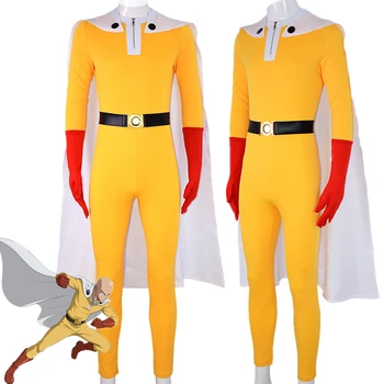 Аниме ONE PUNCH-MAN Косплей костюм Сайтама Желтый комбинезон С Белым плащом Супергерой Комплект Боди на Хэллоуин