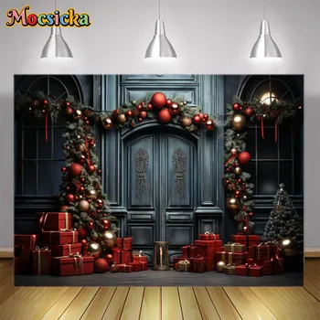Фон для рождественской фотосъемки Mocsicka, Черная дверь и красная подарочная коробка, Фон для украшения Рождественской елки, профессиональный реквизит для фотосессии