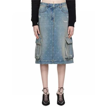 Новинка осени 2023 года, y2k, классический американский винтаж, выстиранная и поношенная джинсовая юбка-полукомбинезон с дырками, классическая универсальная женская юбка