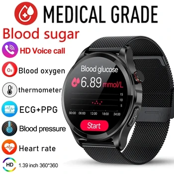 Здоровый уровень сахара в крови Умные Часы Мужские Bluetooth Вызов 360 * 360 HD Экран Спортивные Пульсометры Температура тела Умные часы для Android