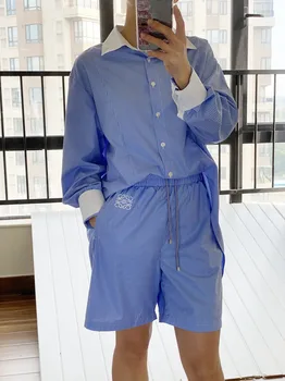 Повседневная женская рубашка для Хай-стрит, новинка 2023, Свободная Универсальная Однобортная рубашка с отложным воротником в синюю полоску и вышивкой