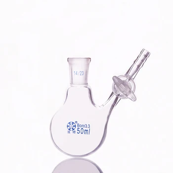 Одинарная стандартная бутылка с шариковым реактором с измельченным горлышком, Вместимость 50 мл, Соединение 14/23, Стеклянный переключающий клапан, Реакционная колба