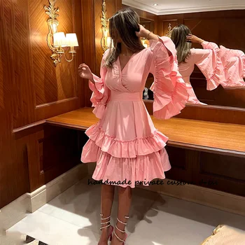 Детские Розовые Платья для выпускного вечера в Саудовской Аравии Трапециевидной Формы, Расклешенные Многоуровневые Атласные платья для вечеринок в Дубае Длиной до колен