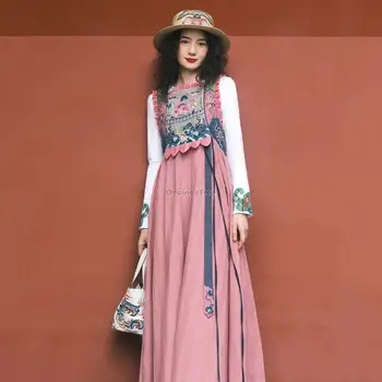 2023 осенний китайский винтажный сарафан в национальном стиле, новое платье с вышивкой, женская длинная повседневная юбка без рукавов в национальном стиле