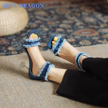 JETT DRAGON, Большие Размеры 34-43, Новинка 2021 года, Женская обувь, Синие Джинсовые женские Босоножки на Высоком Квадратном Каблуке, Повседневная женская летняя обувь