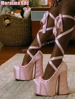 Босоножки на шнуровке с квадратным носком, Атласные босоножки с перекрестным ремешком на массивном каблуке, Розовая Пикантная женская обувь, летняя мода для банкета и вечеринки