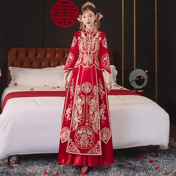 Элегантная Невеста, Винтажное Китайское Традиционное Свадебное Платье С Вышивкой Феникса, Высококачественный Чонсам китайская одежда