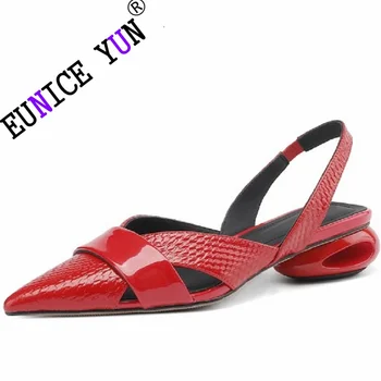 【ЮНИС ЮН】 Босоножки на неровном каблуке, женские брендовые туфли-лодочки на высоком каблуке из натуральной кожи, Летние дизайнерские вечерние модельные туфли 34-40