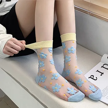 Шелковые носки с цветочной вышивкой и кристаллами, Летние ультратонкие прозрачные Винтажные кружевные носки, Женские Милые носки с оборками для девочек Kawaii