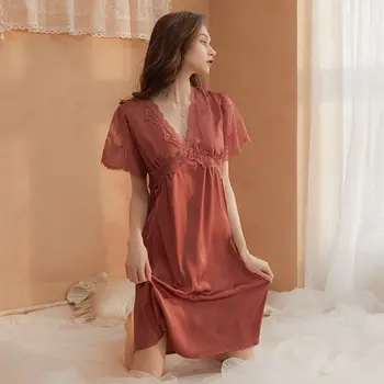 Романтическое и элегантное длинное платье из ледяного шелка с удобной мягкой кружевной отделкой, домашняя сексуальная ночная рубашка, женская пижама большого размера, домашняя одежда