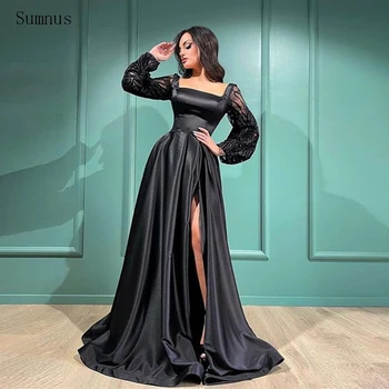 Sumnus/ черные современные платья для выпускного вечера с пятнами, с пышными рукавами и высоким разрезом, вечерние платья длиной до пола, вечерние платья для вечеринок 2023 г.