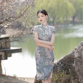 Летнее Улучшенное Платье Чонсам средней длины 2023, Элегантное Платье в Китайском традиционном Стиле с Цветочным принтом, Приталенная Юбка Ципао для Женщин