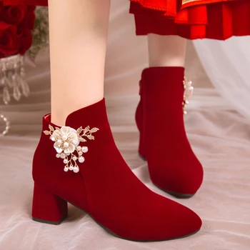 Rimocy/ Свадебные туфли с жемчужным украшением для женщин, Роскошные бархатные ботильоны на высоком каблуке, Женские осенне-зимние теплые красные Полусапожки