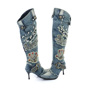 Зимние новые Тонкие туфли на высоком каблуке с острым носком, пряжка, заклепки, плиссированные винтажные джинсовые женские ковбойские сапоги до колена 1011