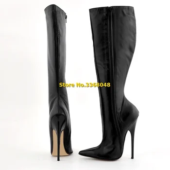 Черные ботинки из матовой кожи с острым носком, до колена, на молнии, Зима-осень, высококачественная женская обувь на шпильке