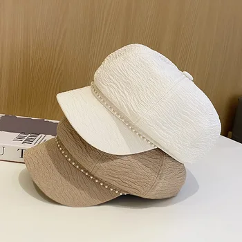 Восьмиугольная шляпа Женская в корейском стиле Модная британская Ретро Жемчужная цепочка Универсальный берет Модная маленькая шляпа художника