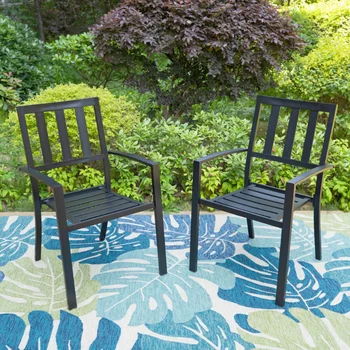 Набор из 2 обеденных стульев для патио на открытом воздухе, металлические штабелируемые стулья для бистро для сада, заднего двора, вес 300 фунтов, черный