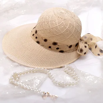 Женская летняя Соломенная шляпа с большими широкими полями, Женская УФ-защита, Пляжные шляпы с хвостиком, Солнцезащитные шляпы, Полый верх, Складная лента, банты, Женская Панама