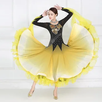 Платье для бальных танцев для соревнований для взрослых, высококачественная стандартная современная юбка для танцев, Женские желтые платья для бальных танцев для вальса