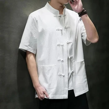 Летний Мужской костюм Тан в китайском стиле из хлопка и льна с короткими рукавами и пряжкой в стиле Ретро, однотонная Свободная Верхняя рубашка большого Размера