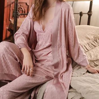 Розовый Атласный комплект из 3 предметов для сна, Женская пижама, Кружевная пижама в стиле пэчворк с V-образным вырезом и цветочным принтом, Пижама Pour Femme, летняя домашняя одежда