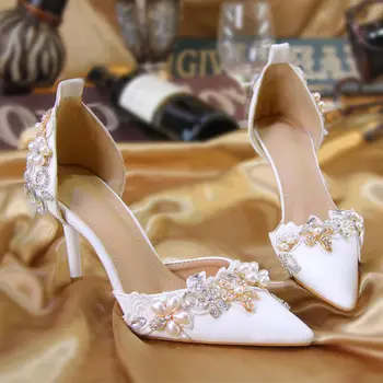 Свадебные туфли, Женские Белые туфли Для Невесты, Кристалл, Бриллиант, жемчуг, Дышащий Высокий каблук с острым носком, Милая Белая женская обувь