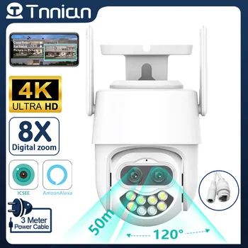 Tnnian 4K 8MP Двухобъективная WiFi Камера видеонаблюдения с 8-кратным Оптическим Зумом AI Автоматическое Отслеживание 80 М Полноцветная IP-камера Ночного Видения iCSee