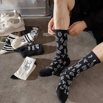Модные носки для мужчин, толстые зимние носки, Хлопковые полосатые Белые Черные носки с буквами