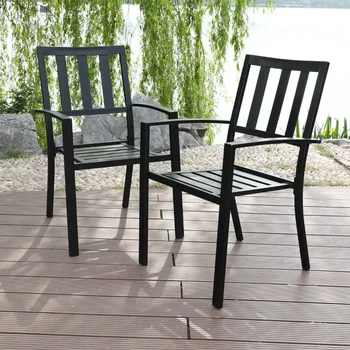 MF Studio Набор из 2 обеденных стульев для патио на открытом воздухе, Металлические штабелируемые стулья для бистро для сада, заднего двора, вес 300 фунтов, черный