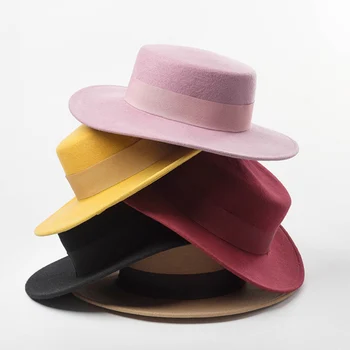 Женская Фетровая шляпа с широкими полями, 100% Шерстяная Шляпа с плоским верхом, с лентой и бантом, с Акцентом На Церковное платье-Дерби, Женская шляпа, Теплые зимние шапки, Кепка