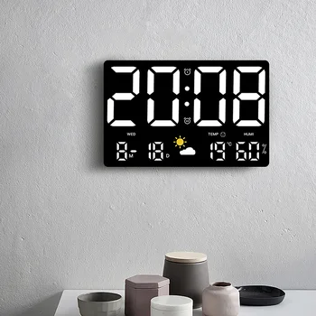Прямоугольные светодиодные цифровые настенные часы с увеличенным экраном Многофункциональная погода Температура Влажность Неделя Дата Электронные будильники