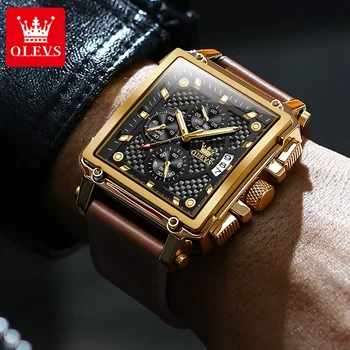 OLEVS 9925 Квадратные золотые часы для мужчин Люксовый бренд, Водонепроницаемый кожаный хронограф, Мужские наручные часы Relogio Masculino