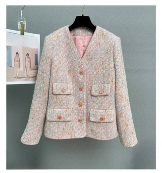 2023 Осенний корейский стиль, модные женские высококачественные романтические розовые твидовые куртки с V-образным вырезом, пальто F052