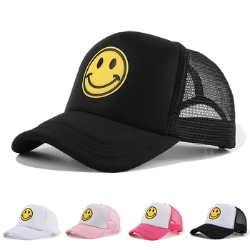 Новые модные сетчатые кепки с вышивкой в виде улыбающегося лица, летняя дышащая бейсболка Snapback для мужчин и женщин, солнцезащитные шляпы дальнобойщиков