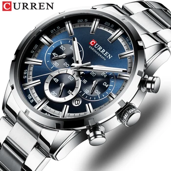 CURREN, лидирующий бренд, Военные кварцевые часы, Серебристо-Синие Мужские наручные часы с хронографом из нержавеющей стали для мужчин, повседневные спортивные часы