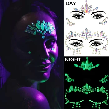 Светящиеся блестки для лица, стразы, временная татуировка на Хэллоуин, светящиеся в темноте украшения для лица, наклейка для макияжа на фестиваль и вечеринку