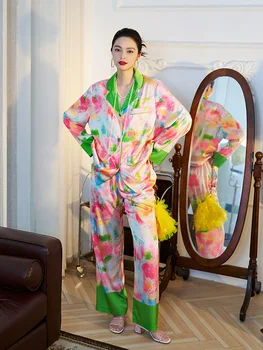 TXii Newlook Оригинальный Дизайн, Весенне-Осенняя Женская Пижама из Сардинской Розы из Высококачественного Ледяного Шелка, Домашний костюм