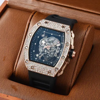 Лучшие роскошные брендовые автоматические спортивные наручные часы RM с 3 иглами в секунду, мужские кварцевые часы с прозрачным дном, высококачественные часы с бриллиантами