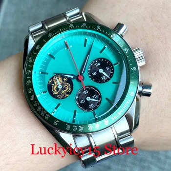 Зеленый / серебристый безель 40 мм, черный / белый / синий стерильный циферблат, хронограф VK63, Кварцевые многофункциональные мужские часы, резиновый / стальной ремешок