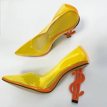 Сексуальный странный стиль долларов платье каблуки насосы женщин сплошной ПВХ прозрачная кожа указал носок скольжения на банкетный партия обуви взлетно-посадочной полосы 