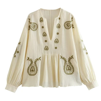 Maxdutti Марокканская богемная ретро блузка Женская рубашка с геометрической вышивкой из чистого хлопка с рукавом 