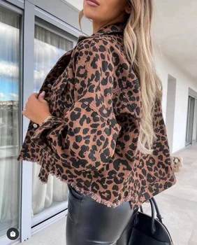 Женская Джинсовая куртка 2023, Осенняя новинка, Джинсовая куртка с леопардовым принтом для женщин, тонкие пальто с длинным рукавом