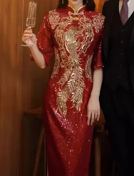 Китайское свадебное платье С красными блестками, Сценический Длинный Чонсам, Весенняя новинка