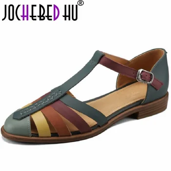【JOCHEBED HU】 Женские сандалии-гладиаторы из натуральной кожи с ремешком на щиколотке, Летняя женская повседневная обувь на плоской подошве в Римском стиле ручной работы