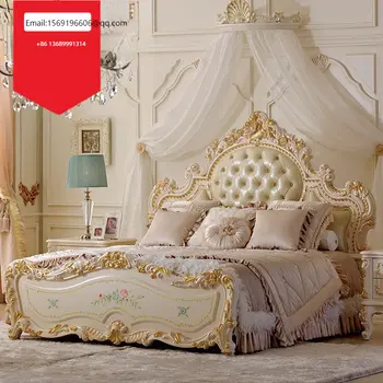 Кровать принцессы из массива дерева, окрашенная в европейском стиле, роскошная вилла, кожаная двуспальная кровать, мебель для французского двора