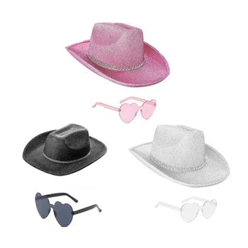 Ковбойская шляпа и солнцезащитные очки с мерцающими блестками, шляпа для дискотек и домашних вечеринок 28TF